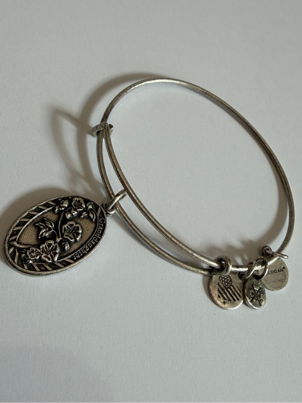 Alex and Ani Silver Floral Granddaughter Oval Charm Bangle Bracelet